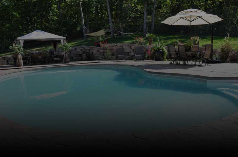 Backyard curved pool with patio furniture and wooded setting