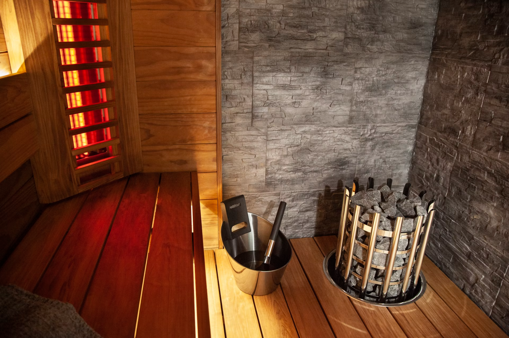 Harvia Hybrid Sauna interior with sauna accessories - Lunar Lagoons