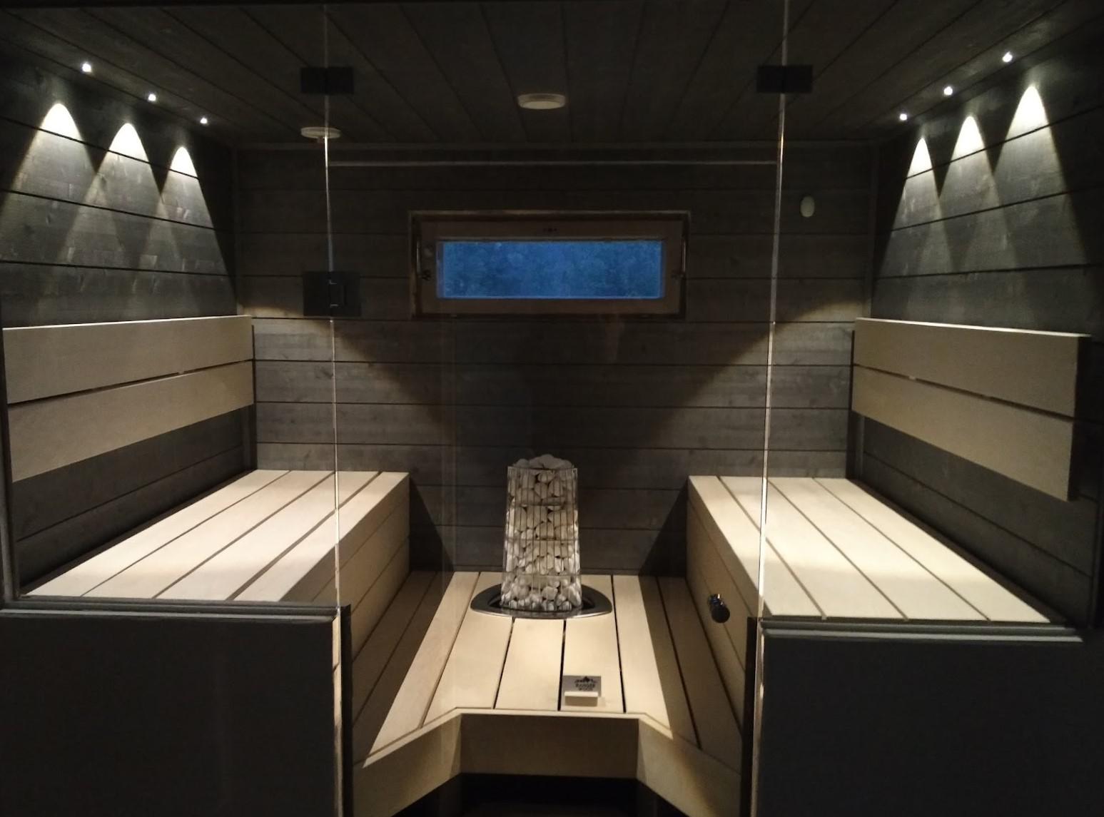 Harvia Hybrid Sauna - Grey Interior with Wood Benches - Lunar Lagoons